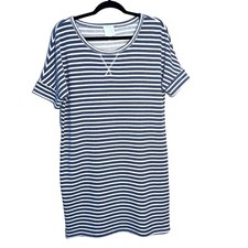 Sunday Anthropologie Soft Knit Blue White Striped Beach Resort T-Shirt Dress MED