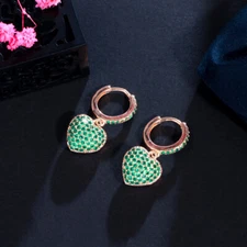 Romantic Green Pave Setting Cubic Zirconia CZ Heart Charm Huggie Hoop Earrings 