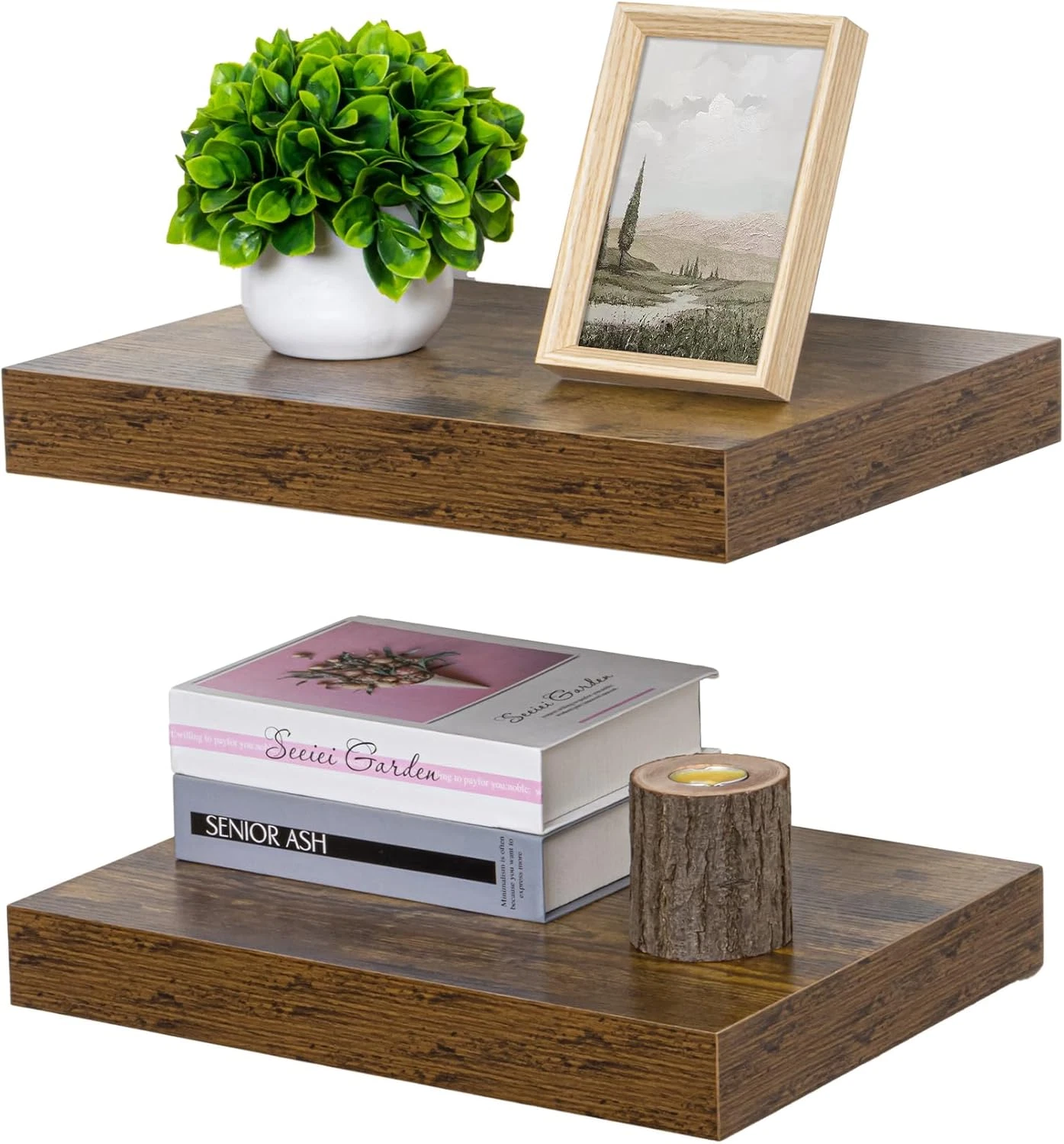 Rustic 16" Floating Shelves Set of 2 - Deep Wall Storage & Decor in Brown