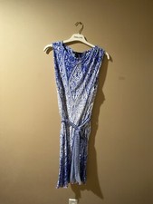 EUC Women's Size Medium MNG by Mango Blue Ruched Moroccan Print Belted Dress