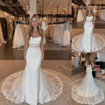 Mermaid Satin Wedding Dresses Strapless Elegant Illusion White Ivory Bridal  Gown