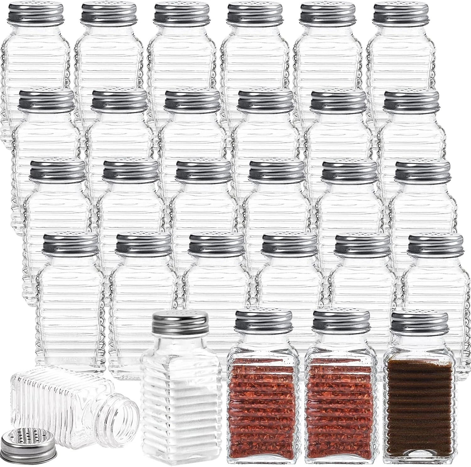 20 Glass Spice Jars Salt Pepper Shakers Set Metal Lids Kitchen Storage