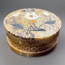 Crowning Touch Mother of Pearl & Stone Inlay Hand-Carved Soapstone Trinket Box
