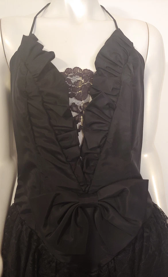 Vestido de Noche Vintage Saks Negro Encaje 11 12 Burbuja Dobladillo Lazo Encaje Borde Halter Stra Foto 2 de 4