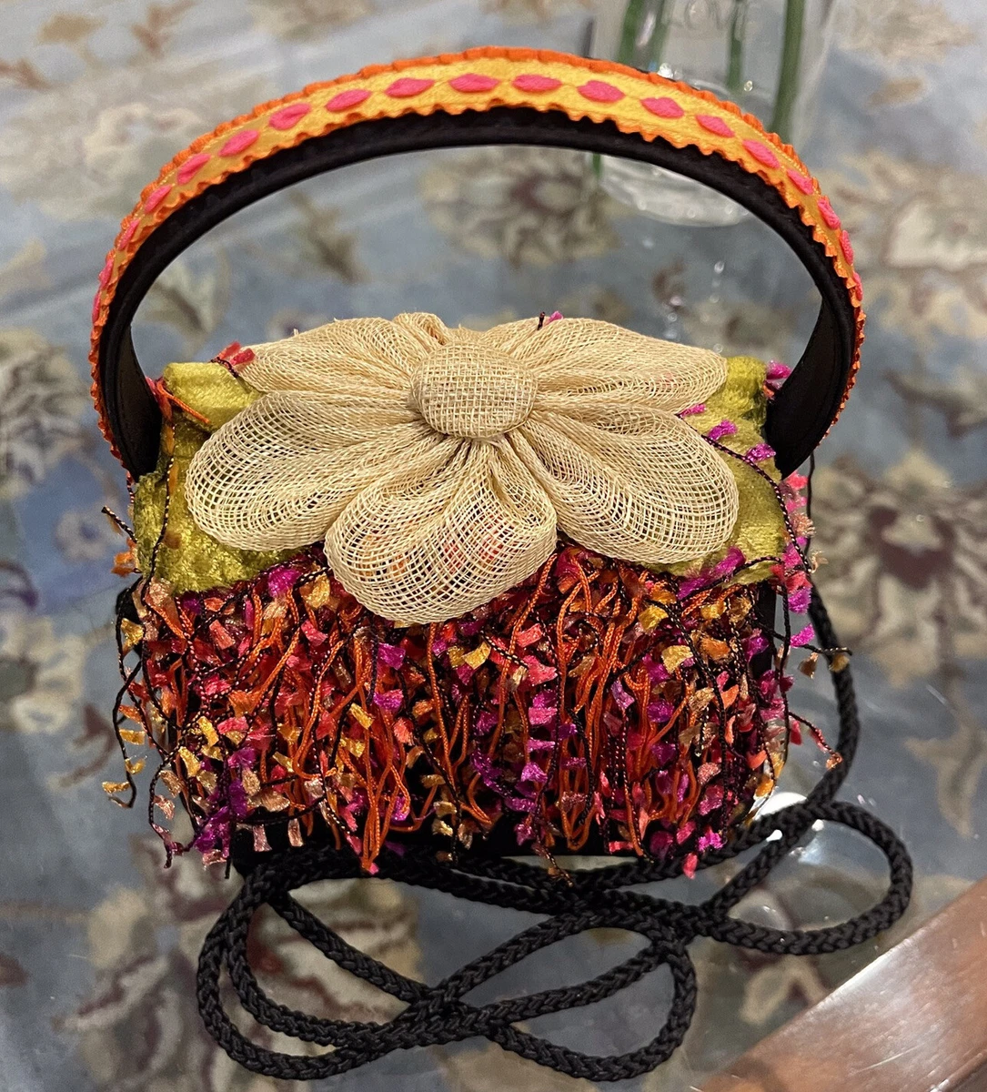 Little Black Flower Purse By Lorren Bell Dallas Texas Snap Lock Closure Sz 8
