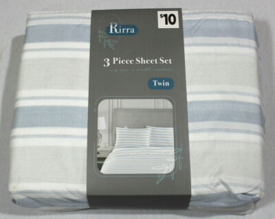 New Rirra Twin Size 3 Piece Sheet Set Blue, Gray & White Stripes - Soft