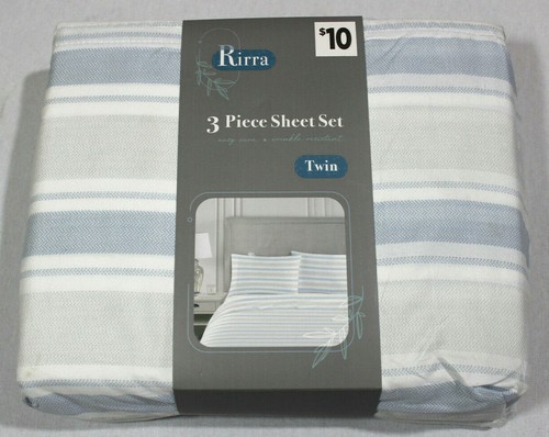 New Rirra Twin Size 3 Piece Sheet Set Blue, Gray & White Stripes - Soft - Picture 1 of 2