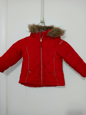 Girls Red Full Zip Puffer Lined Jacket With Faux Fur Hood