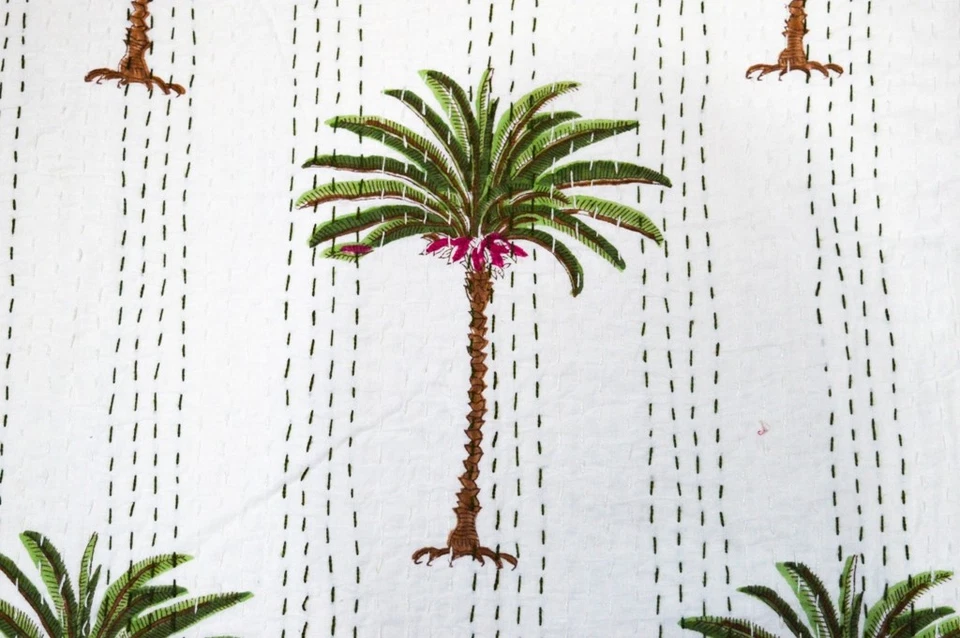 Colcha Kantha de palmera bloque de mano indio colcha de algodón indio tamaño queen boho Foto 3 de 4