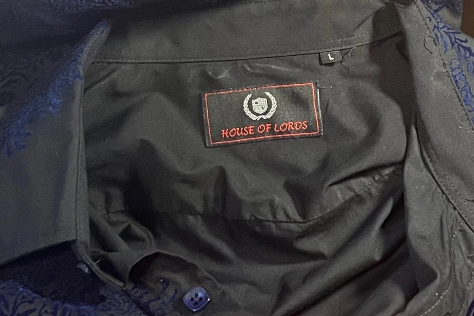 Camisa HOUSE OF LORDS Para Hombre Negra con Paisley Azul Terciopelo L Mangas Largas Botones Foto 3 de 4