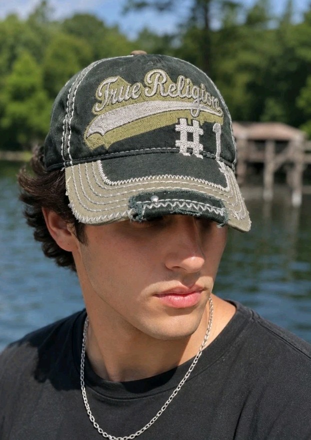 TRUE RELIGION Vintage Distressed Green/black Patchwork Adjustabl Cap Trucker Hat