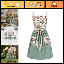 Vintage Floral Pinafore Apron for Women  Adjustable Cross Back, 2 Pockets, Long