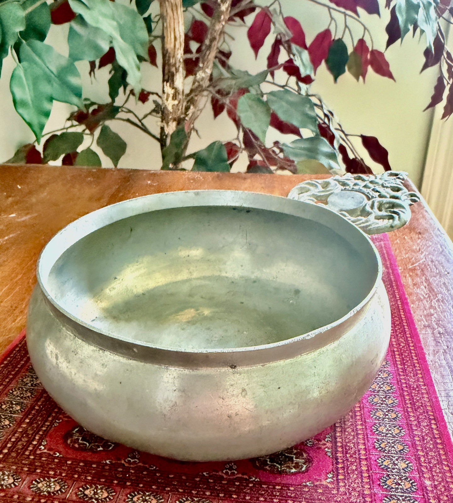 Antique Pewter Porringer dish with Decorative Ornate Handle