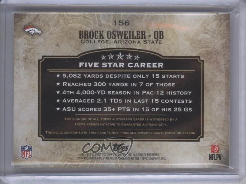 2012 Topps Five Star /50 Brock Osweiler #156 RPA Rookie Patch Auto RC - Image 2 of 2