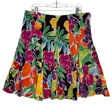 Lauren Ralph Lauren 2000s Floral Cotton Pleated Skirt Black Multicolor Size 14