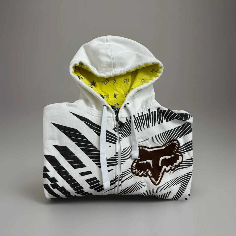 Fox Racing Rockstar 连帽衫男式 L 白色拉链黄色衬里复古风格 45107 — 第 4/4 张图片