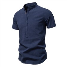 Summer Business Shirt Men's Short Sleeved Cotton Linen Stand Collar Cotton Shirt
