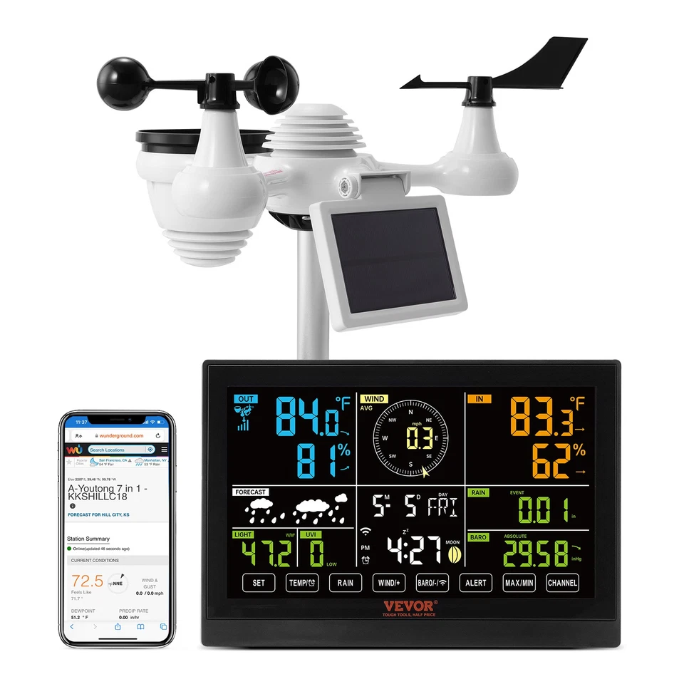 VEVOR WLAN-Wetterstation 7-in-1 solarbetrieben 7 5-Zoll Display 150 m