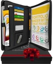 Black Zippered Leather Portfolio Binder - PU Leather Business Portfolio Organ...