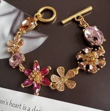Oscar de la Renta Retro Charm Colored Crystal Flower Zircon OT Buckle Bracelet