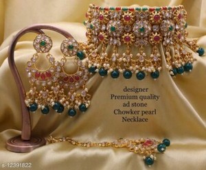 Authentic Indian Bollywood Gold Plated Stones & Beads Bridal Choker Necklace Jewelry Set