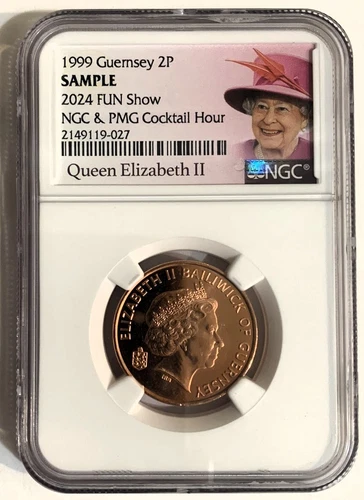 Sample Slab - NGC 2024 FUN Show NGC & PMG Cocktail Hour - 1999 Guernsey 2 pence