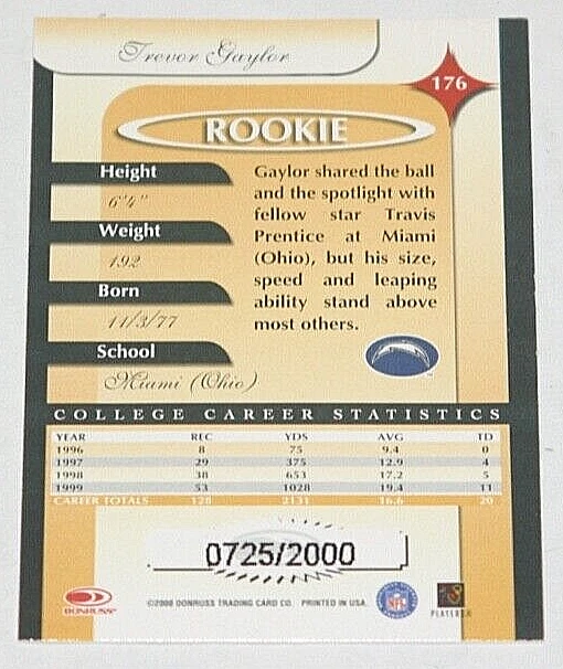 2000 Donruss Elite Football SP #176 - Trevor Gaylor (RC) 725/2000 Chargers - Image 2 of 2