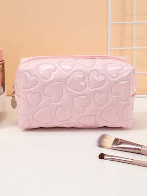 Baby Pink Heart Quilted Makeup Bag Cosmetic Organizer Toiletries