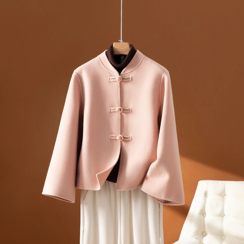 OFF WHITE Cappotto corto donna stile cinese retrò soprabito 100% lana outwear stand colletto tg