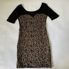 Vintage Manito Bodycon Dress Women Medium Tan Black Floral Rose Sheer Mesh Party
