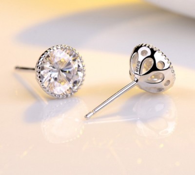 8mm Sterling Silver Cubic Zirconia Stud Basket Setting Earrings Gift Box PE16