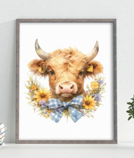 Cow Art Print, Highland Cow With Bow, Sunflowers Art Print, Farmhouse Wall Decor