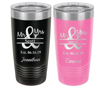 Mr. and Mrs. // Wedding Gift // Personalized Engraved Travel Tumbler Set // Mug