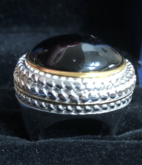 Large Black Stone Ring In Stainless Steel Rope And Gold Trim , Twisted Cable - Image 2 of 4