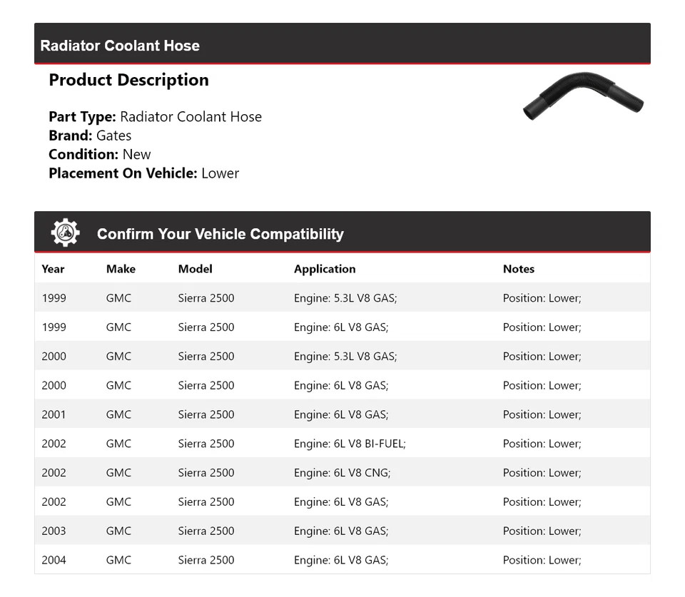 For 1999-2004 GMC Sierra 2500 Radiator Coolant Hose Lower Gates 2000 2001 2002 - Image 2 of 4