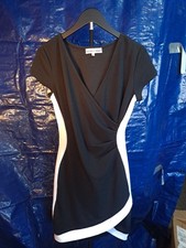Almost Famous Wrap Dress Medium Black White Stretchy Short Sleeve Bodycon Lg