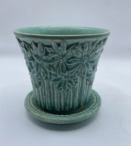 McCoy Daisy Aqua Flower Pot With Attached Saucer In Turquoise 1940s Vintage