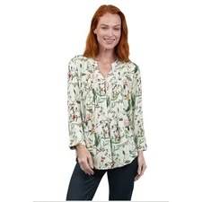 LA CERA Women's XL Floral Bird Butterfly V-Neck Pleated 3/4 Sleeve Tunic Green