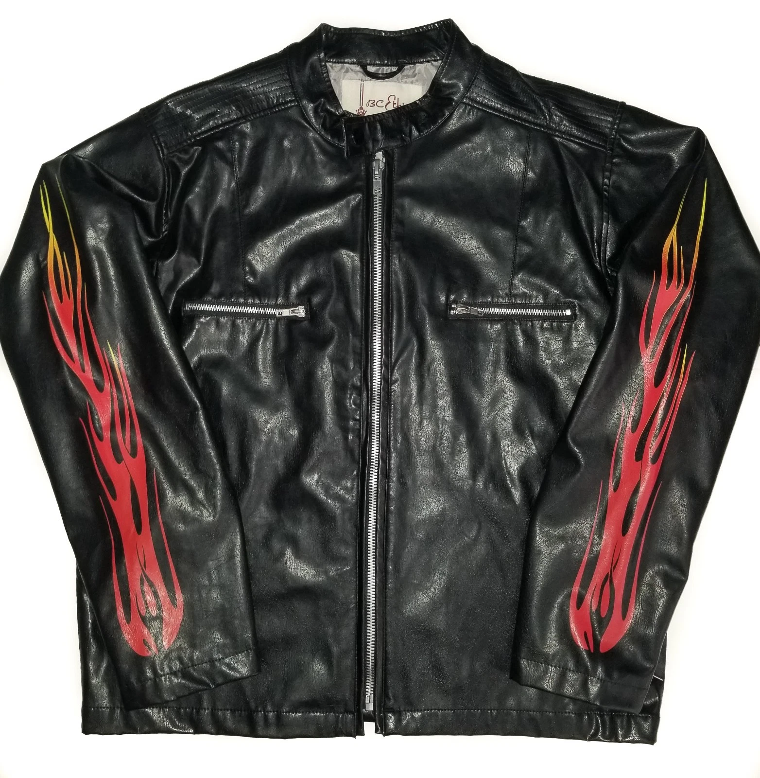 BC Ethic Faux Leather Jacket Vintage 90s Black Fire Flame Sleeves Mens LG - product detail image 2