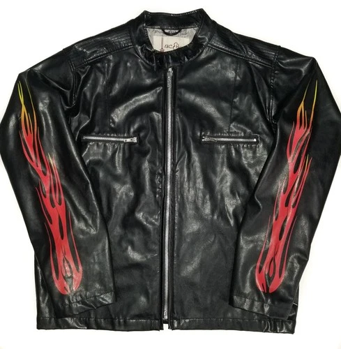 BC Ethic Faux Leather Jacket Vintage 90s Black Fire Flame Sleeves Mens LG image 2