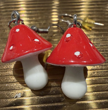 Red & White Mushroom Dangle Drop Hook Earring...