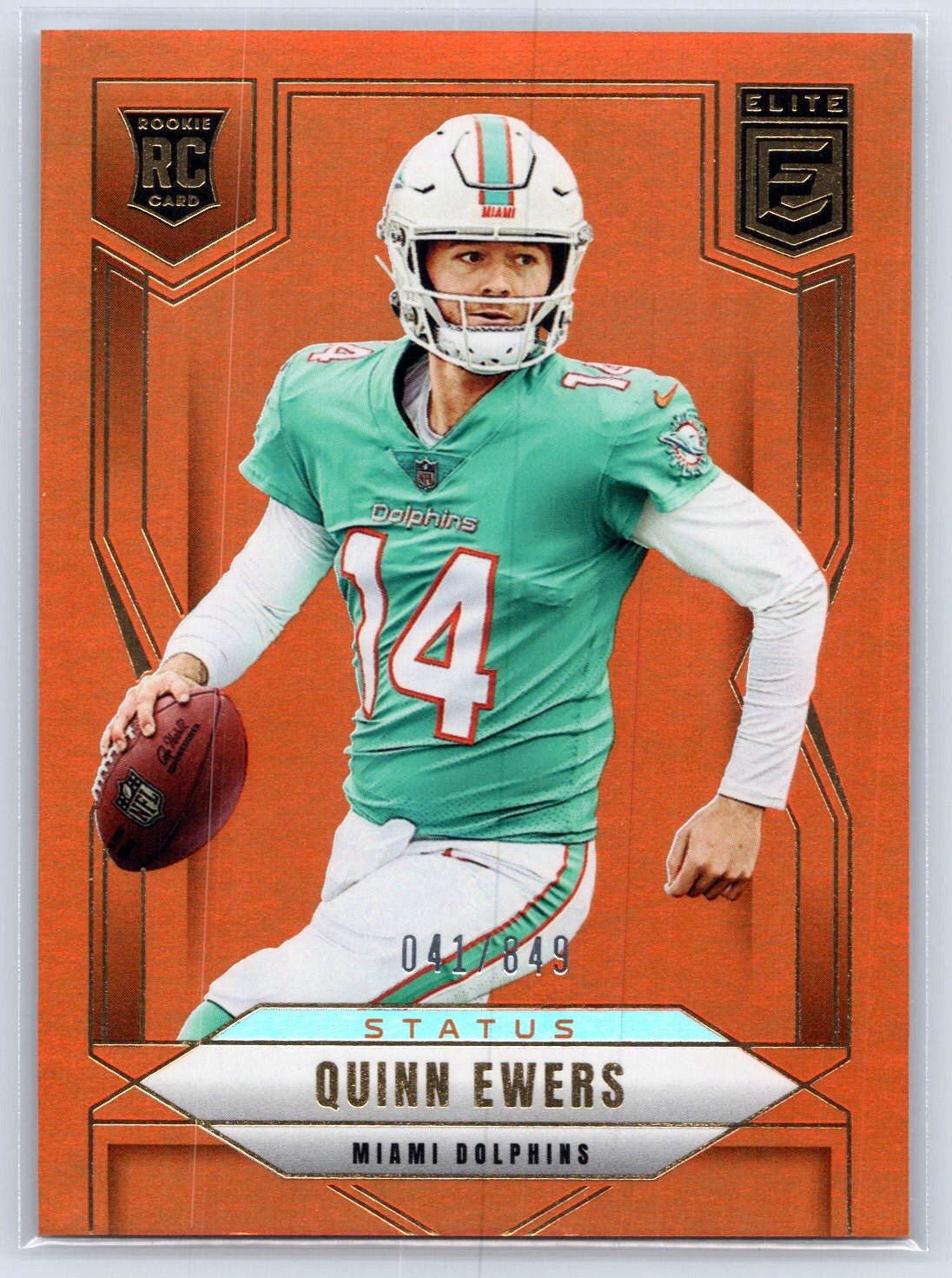 2025 Donruss Elite #116 Quinn Ewers Status Metallic Orange #/849 Dolphins RC