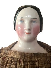 Rare Antique 1840 Tinted German china head doll Braided Bun porcelain 13  
