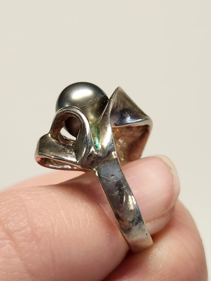 Anillo retro de plata de ley 925 con perlas negras talla 6 JNS Foto 3 de 4