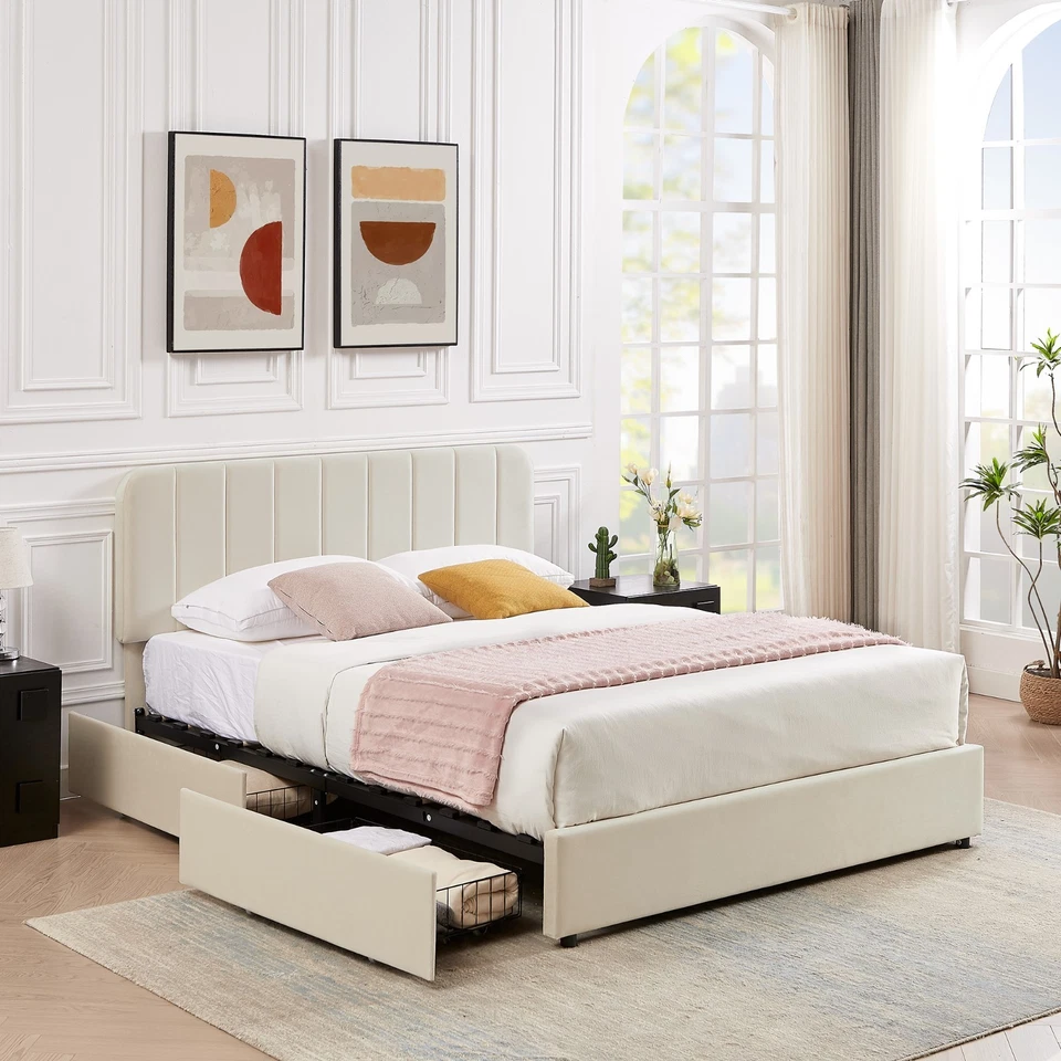 Upholstered Bed Frame + 4 Storage Drawer Platform Queen Full Size with Headboard - Image 2 of 4