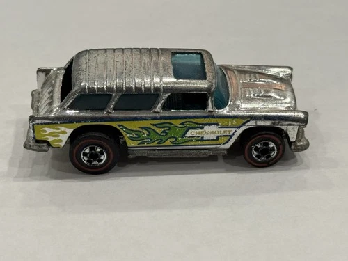 Red line Hot Wheels Alive 55 Chevrolet Diecast Car Silver Blue Yellow Flames