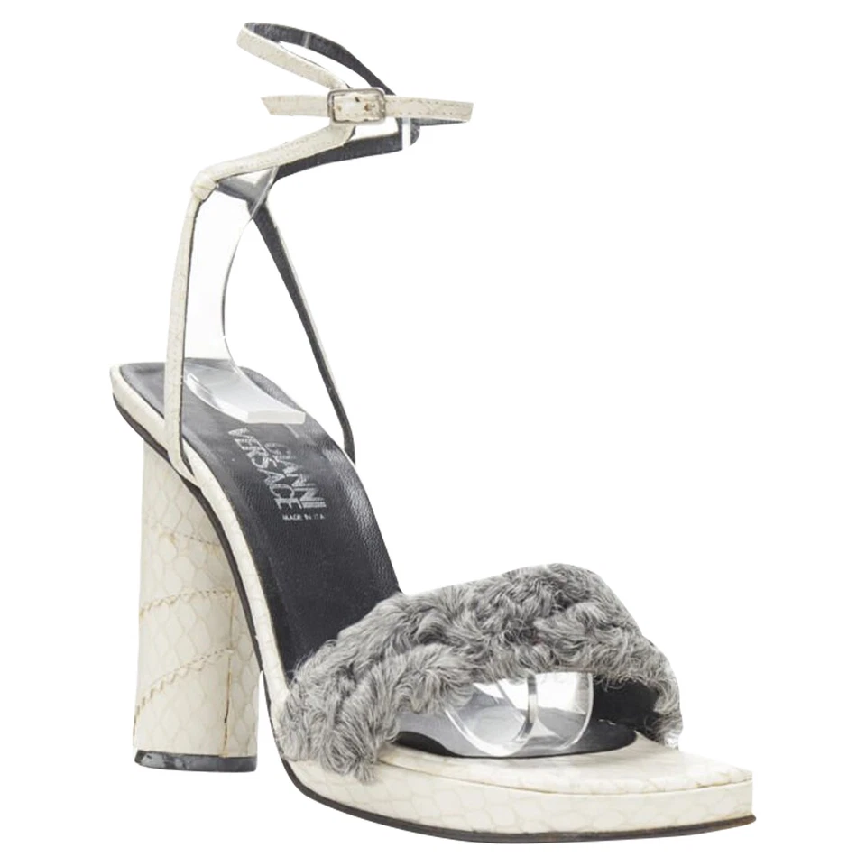 Sandalia Gianni Versace Gris Piel de Oveja Correa de Tobillo Tacón Cono Mujer Blanca Talla 36 Foto 2 de 4