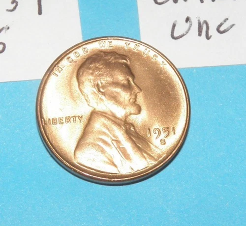 1951 S       LINCOLN WHEAT CENT   CHOICE RED UNCIRCULATED  #5