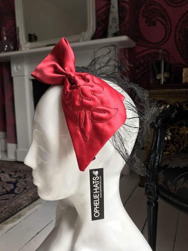 RED SILK OVERSIZED BOW HEADBAND FASCINATOR with Black Net - Ophelie Hats Canada - Picture 5 of 10