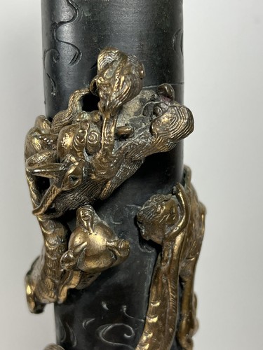 Meiji Antique Brass Raised Entwined Dragon Lamp 12” Former Candlestick Incense - Picture 2 of 24